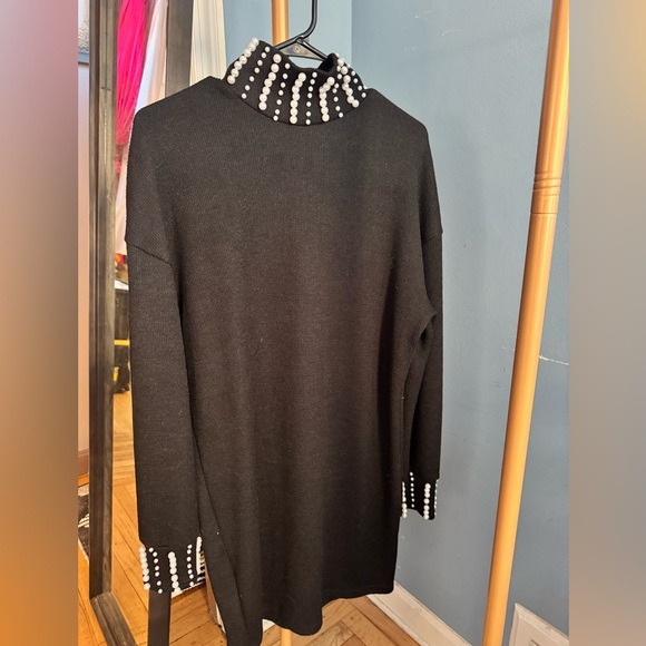 Pearl Embellished Mock Neck Black Sweater Dress Long Sleeve Size M | LBD - Picture 4 of 5